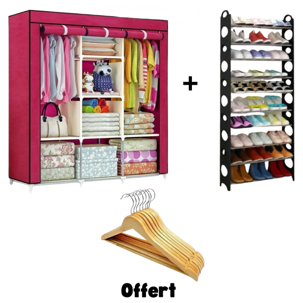 Pack armoire 3 battants plus rangement chaussure plus lot de 6 cintres en bois offert - Boummarket