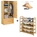 Pack Spécial : Armoire 2 Battants en plastique + Range-Chaussures 5 Niveaux en Bois – 12 Cintres Offerts !