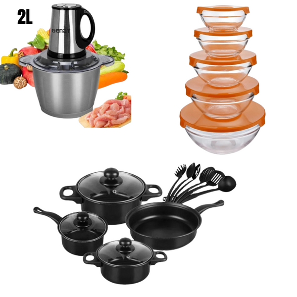 Ensemble 5 bol en verre, 13 pièces casserole, hachoir 2L