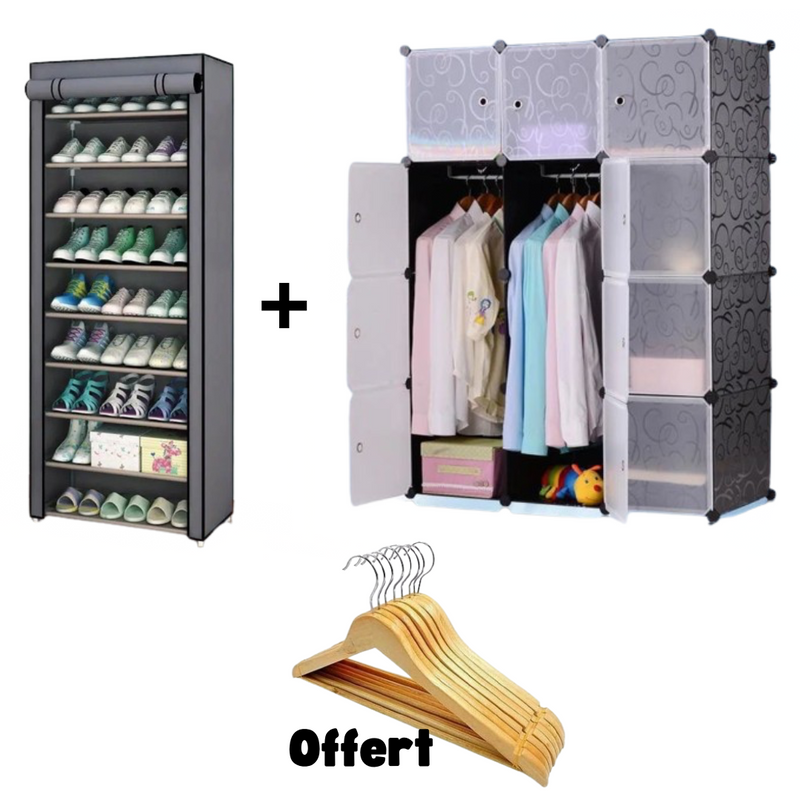 Pack armoire 3 battants plus range chaussure 27 paires plus lots de 6 cintre offert - Boummarket