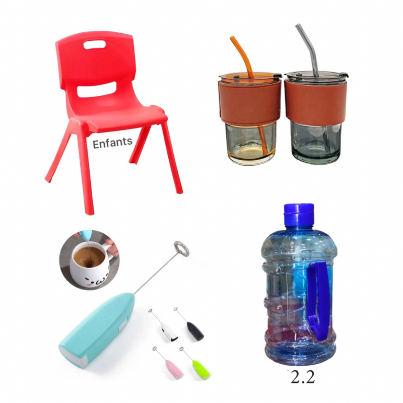 Pack d’un chaise enfant +2 tasse avec paille; un mini batteur et un bouteille 2,5 litres