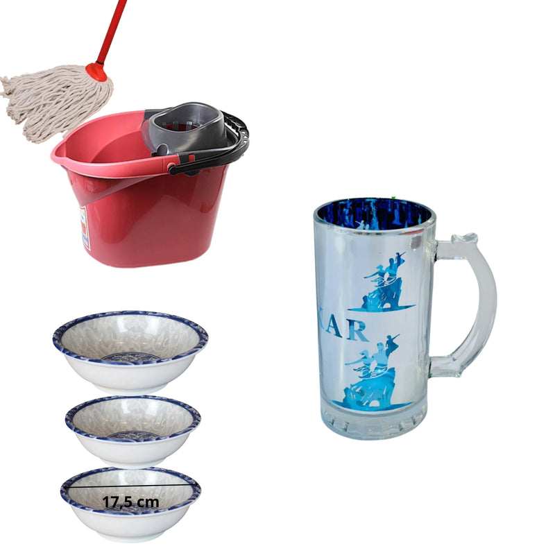 Seau ménage , tasse Paris -Dakar plus 3 assiettes 17,5 cm