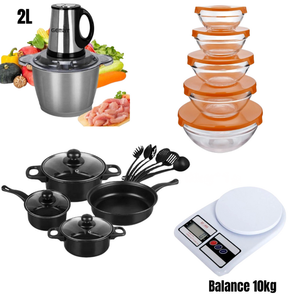 Pack cuisine ( hachoir 2L , 13 pièces casserole, 5 bol en verre, balance 10kg
