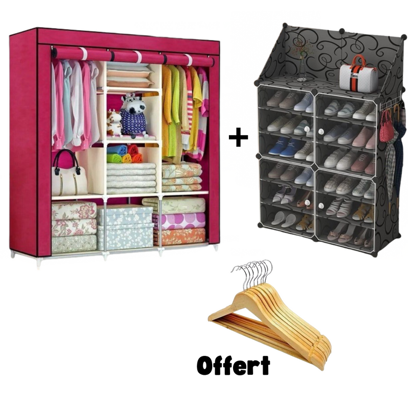 Pack armoire 3 battants plus range chaussure 24 paires plastique lots de 6 cintres offert