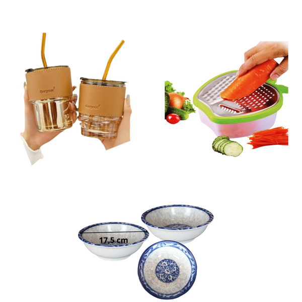 Pack 2 tasses avec pailles, un grattoir plus 3 assiette 17,5 cm - Boummarket