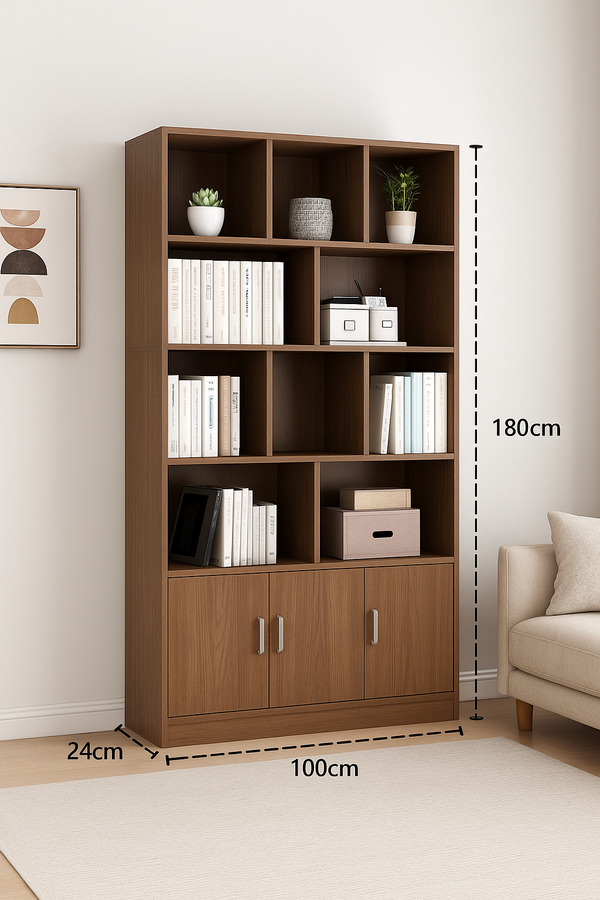 Bibliothèque moderne en bois – 180×100×24 cm | Étagère de rangement design avec portes,livraison gratuite à dakar.