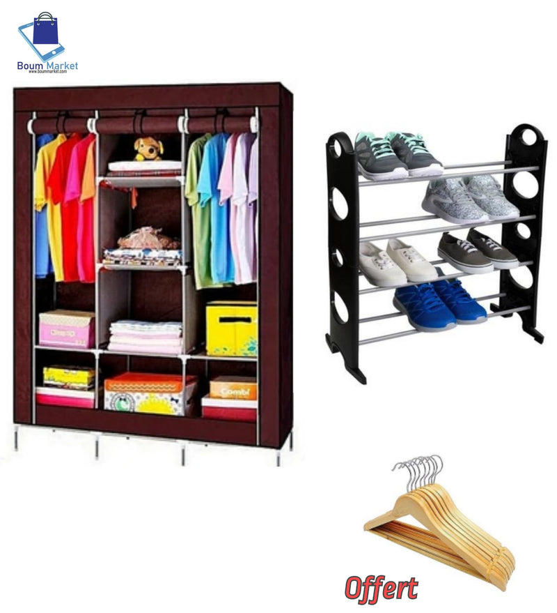 Pack armoire 3 battants plus rangement chaussure plus lot de 6 cintres en bois