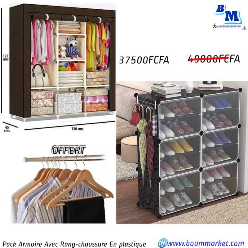 Pack armoire 3 battants plus range chaussure En plastique