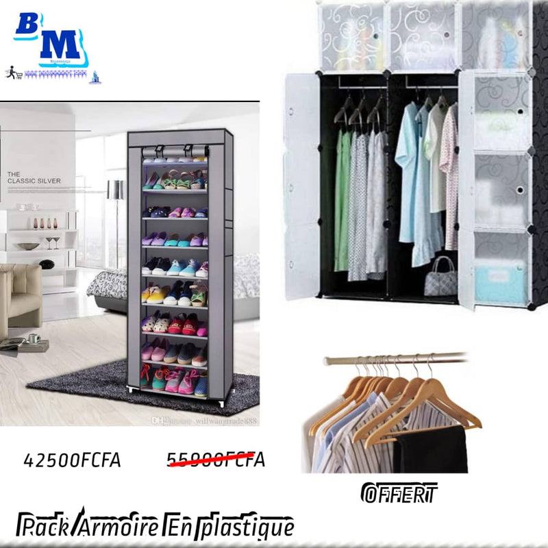 Pack armoire 3 battants plus range chaussure 27 paires