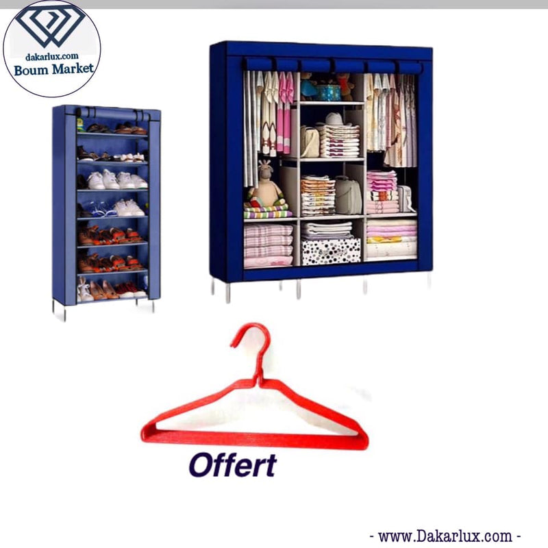 Pack armoire penderie 3 battants plus rangement chaussure 6 étagère plus lot de 10 citres - Dakar Lux